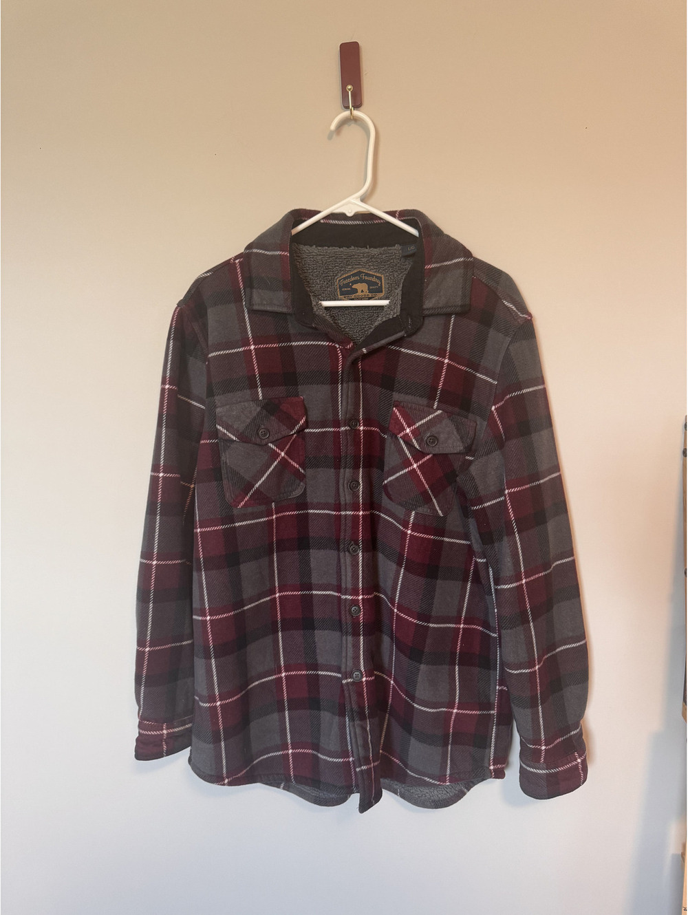 Freedom Foundry Men's Plaid Fleece Lined Shirt Jacket Burgundy Grey Flannel L